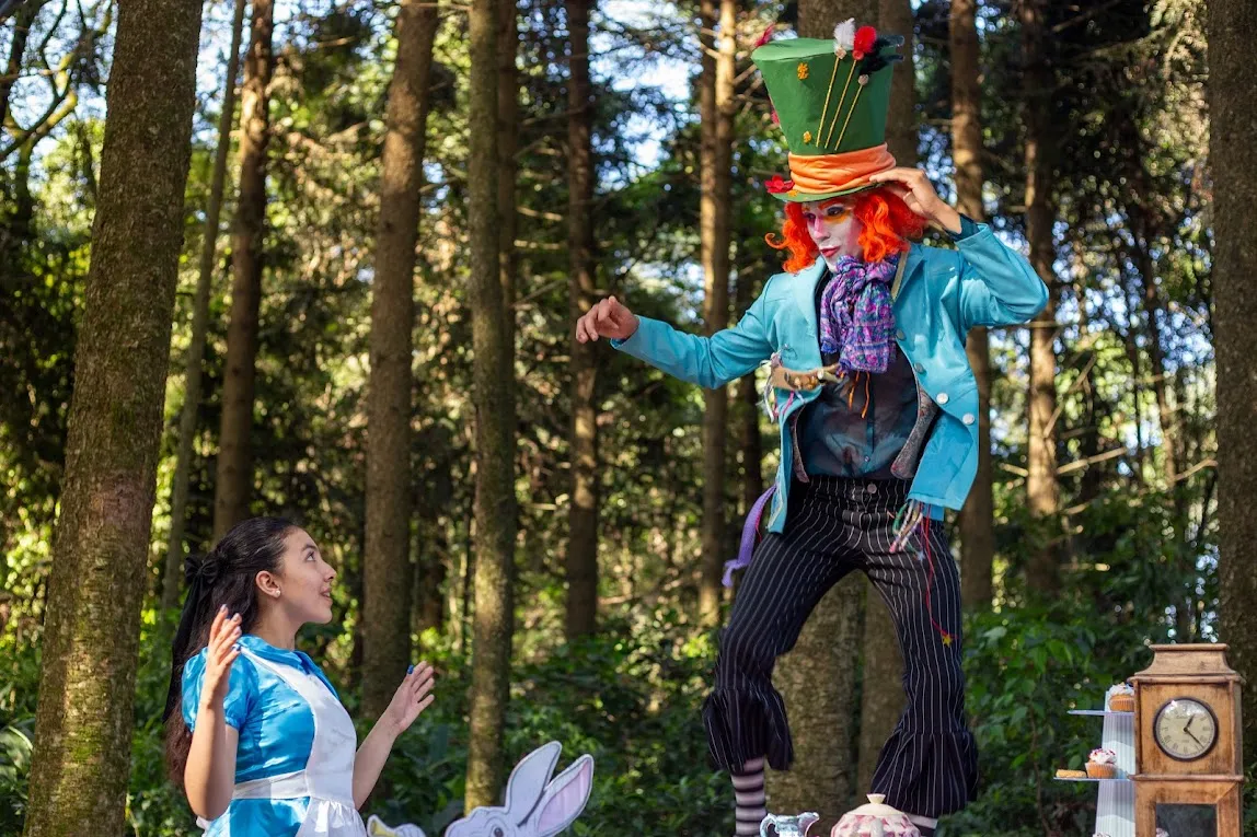 Escena temática con personaje de sombrero verde en el bosque